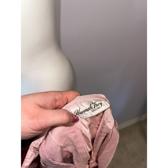 Vtg 60s Hannah Troy Pink Linen Wiggle Dress Maroon Detail Halter Pinup Small - Picture 4 of 8